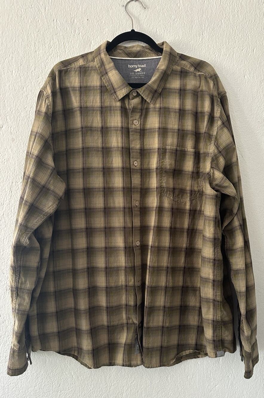 Horny Toad Button Down Shirt XX-Large Brown Green Plaid Organic Cotton Flannel